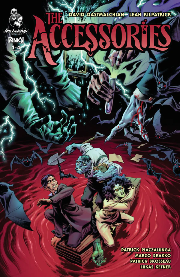 Cover of The Accessories Issue 1 Cover A featuring three main characters surrounded by enemies against a red background.