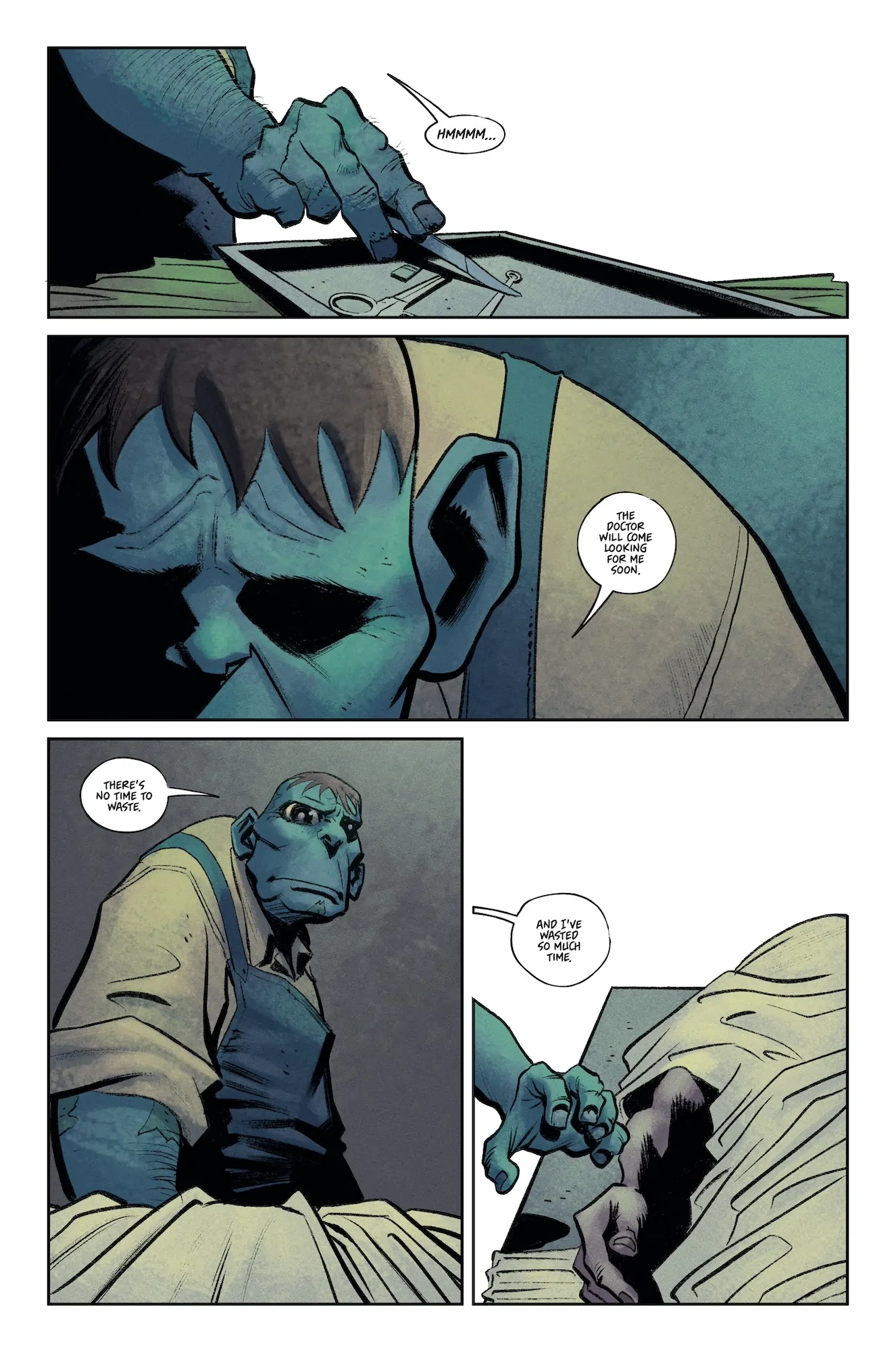 Comic page of Igor steal a scalpel and stating the doctor will look for him soon.