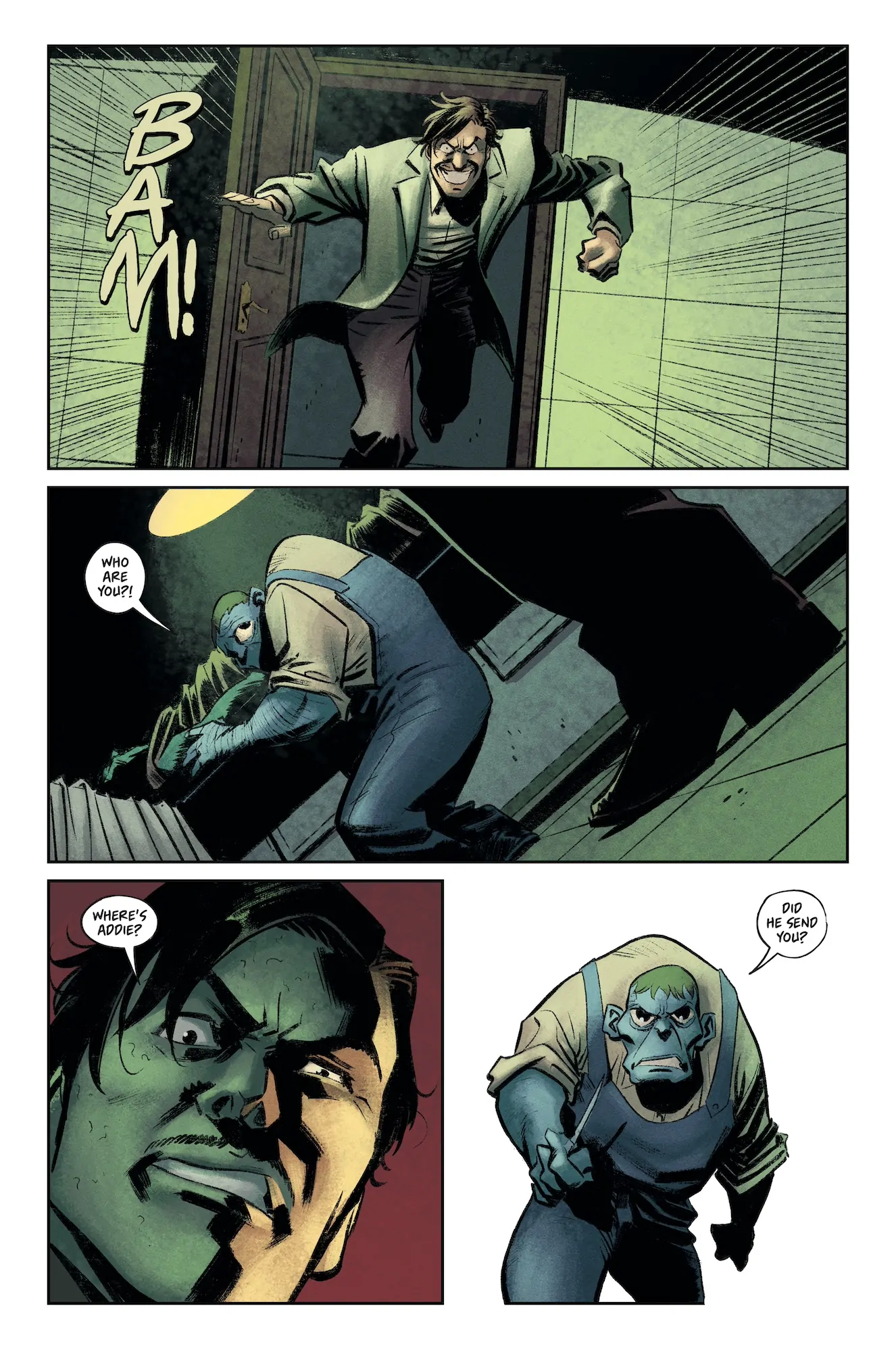 Comic page of man barging in on Igor asking where Addie is.