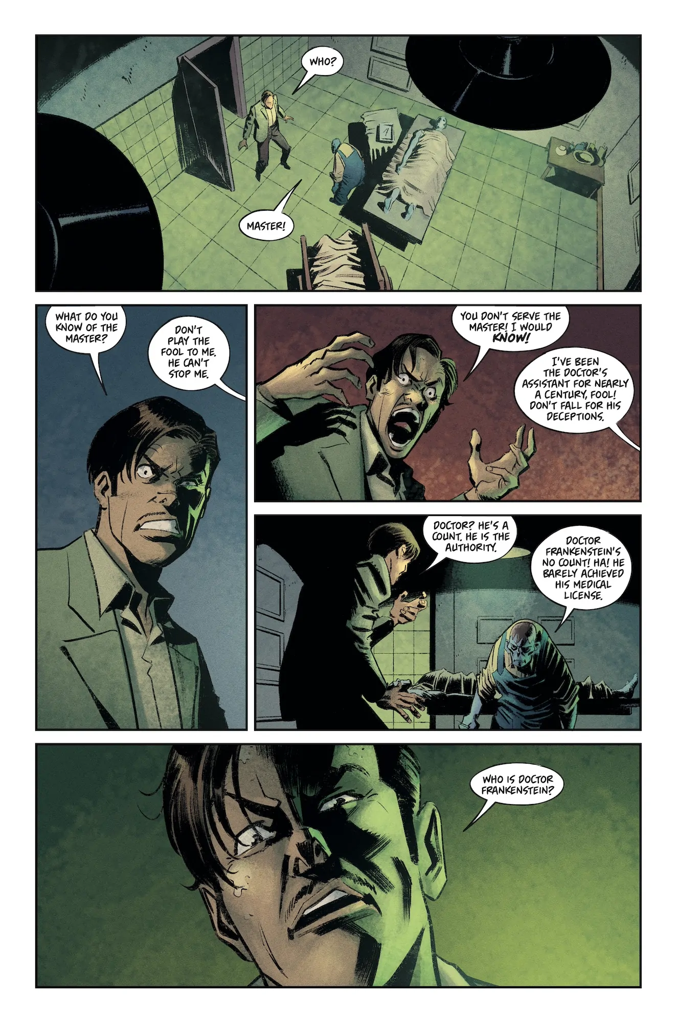 Comic page of Igor and man in confusion of who Dr. Frankenstein truly is.